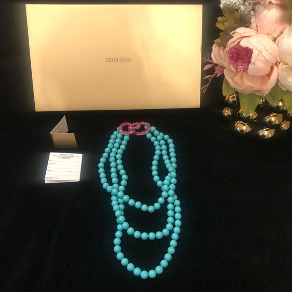 Heidi Daus Jewelry - NIB Heidi Daus Turquoise Multi-Strand Bead Necklace with Pink Swarovski Clasp